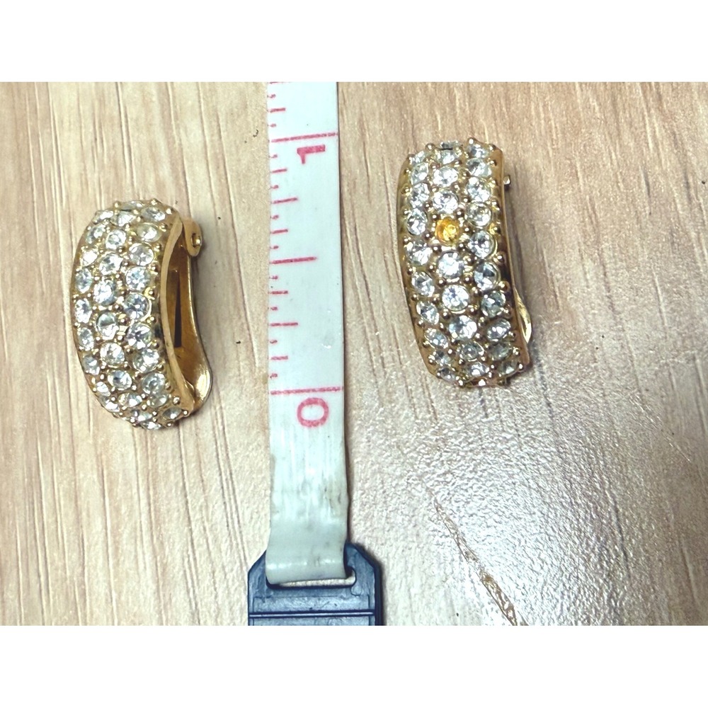Roman Vintage Gold Tone Rhinestone Pavé Domed Clip On Hoop Earrings Classic